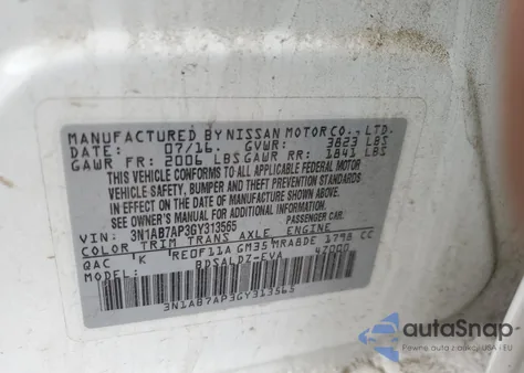 2016 Nissan Sentra S z USA, uszkodzony, nr VIN 3N1AB7AP3GY313565